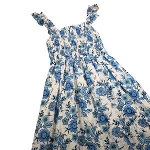 Haute Hippie‎ Style Blue Floral Smocked Square Neck Ruffle Strap Midi Dress US 6